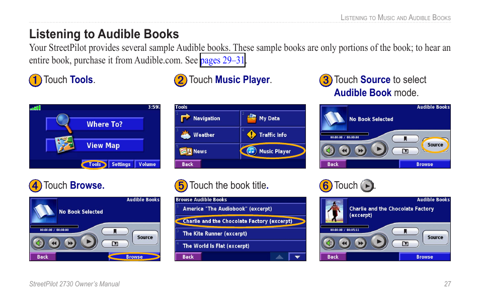 Listening to audible books | Garmin StreetPilot 2730 User Manual | Page 35 / 68