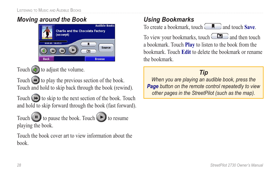 Moving around the book, Using bookmarks | Garmin StreetPilot 2730 User Manual | Page 36 / 68