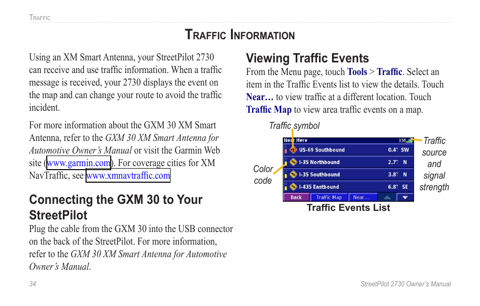 Traffic information, Connecting the gxm 30 to your streetpilot, Viewing traffic events | Trafﬁc information, Connecting the gxm 30 to your, Streetpilot, Viewing trafﬁc events | Garmin StreetPilot 2730 User Manual | Page 42 / 68