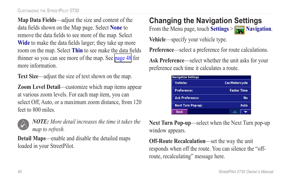 Changing the navigation settings | Garmin StreetPilot 2730 User Manual | Page 48 / 68