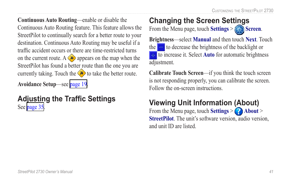 Adjusting the traffic settings, Changing the screen settings, Viewing unit information (about) | Adjusting the brightness, Adjusting the trafﬁc settings | Garmin StreetPilot 2730 User Manual | Page 49 / 68