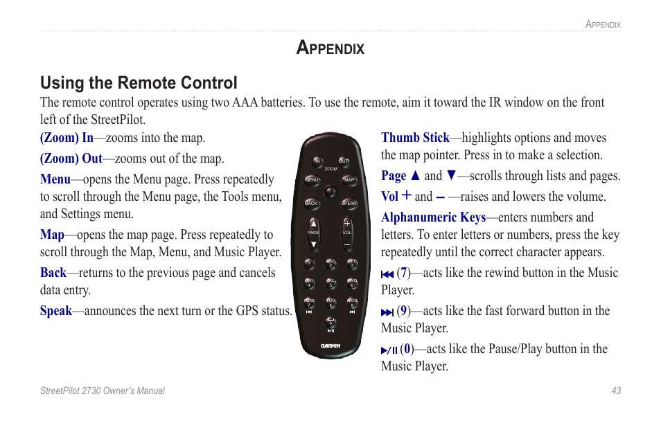 Appendix, Using the remote control, Ppendix | Garmin StreetPilot 2730 User Manual | Page 51 / 68