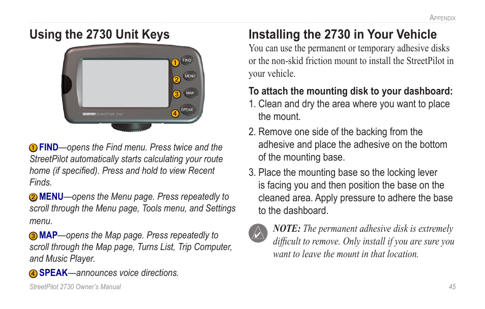 Using the 2730 unit keys, Installing the 2730 in your vehicle | Garmin StreetPilot 2730 User Manual | Page 53 / 68