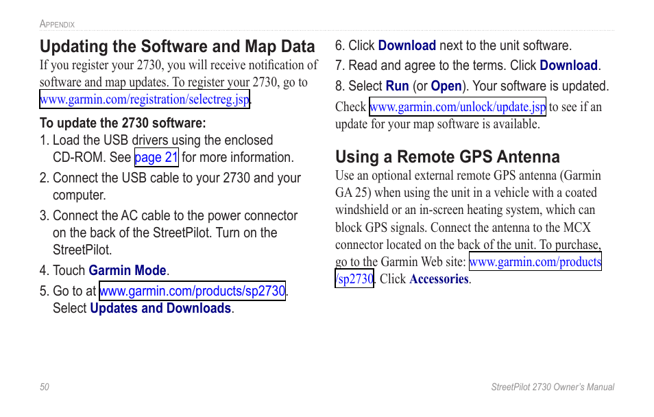 Updating the software and map data, Using a remote gps antenna, Updating the software and map | Data | Garmin StreetPilot 2730 User Manual | Page 58 / 68