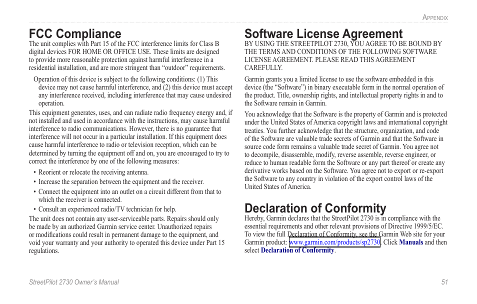 Fcc compliance, Software license agreement, Declaration of conformity | Garmin StreetPilot 2730 User Manual | Page 59 / 68