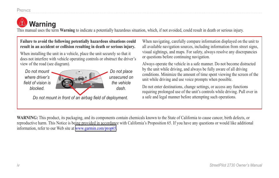 Warning | Garmin StreetPilot 2730 User Manual | Page 6 / 68