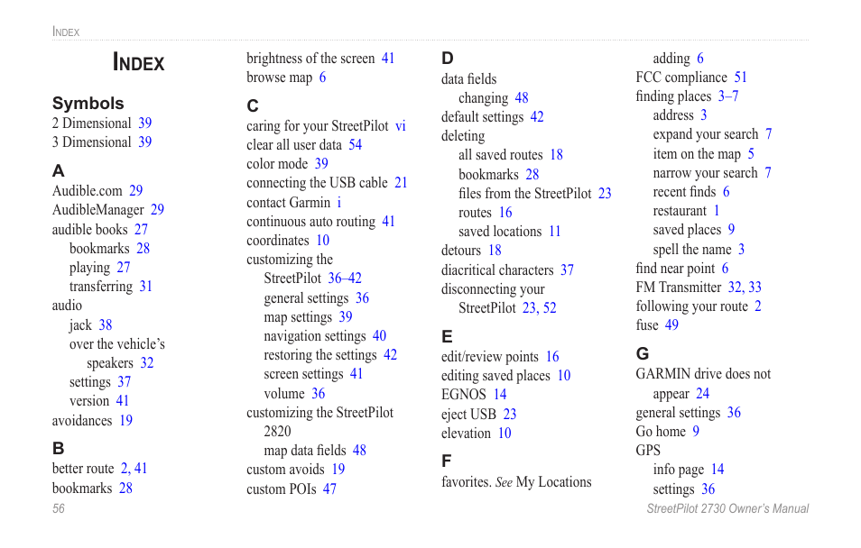 Index | Garmin StreetPilot 2730 User Manual | Page 64 / 68