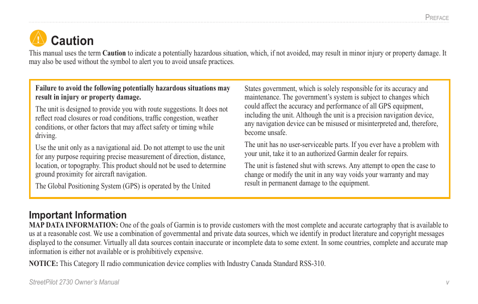 Caution, Important information | Garmin StreetPilot 2730 User Manual | Page 7 / 68