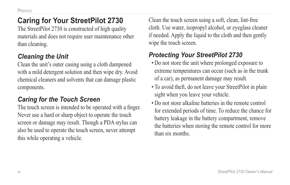 Caring for your streetpilot 2730, Cleaning and storing your unit, Caring for your streetpilot 2730 .........vi | Garmin StreetPilot 2730 User Manual | Page 8 / 68