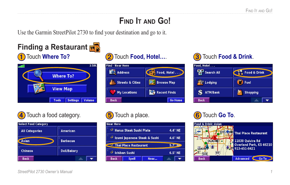 Find it and go, Finding a restaurant | Garmin StreetPilot 2730 User Manual | Page 9 / 68