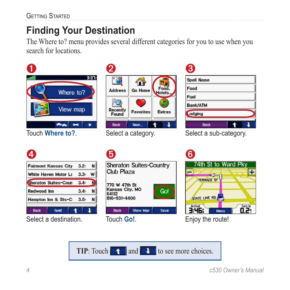 Finding your destination | Garmin StreetPilot c530 User Manual | Page 12 / 40