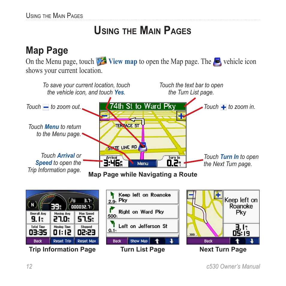 Map page | Garmin StreetPilot c530 User Manual | Page 20 / 40