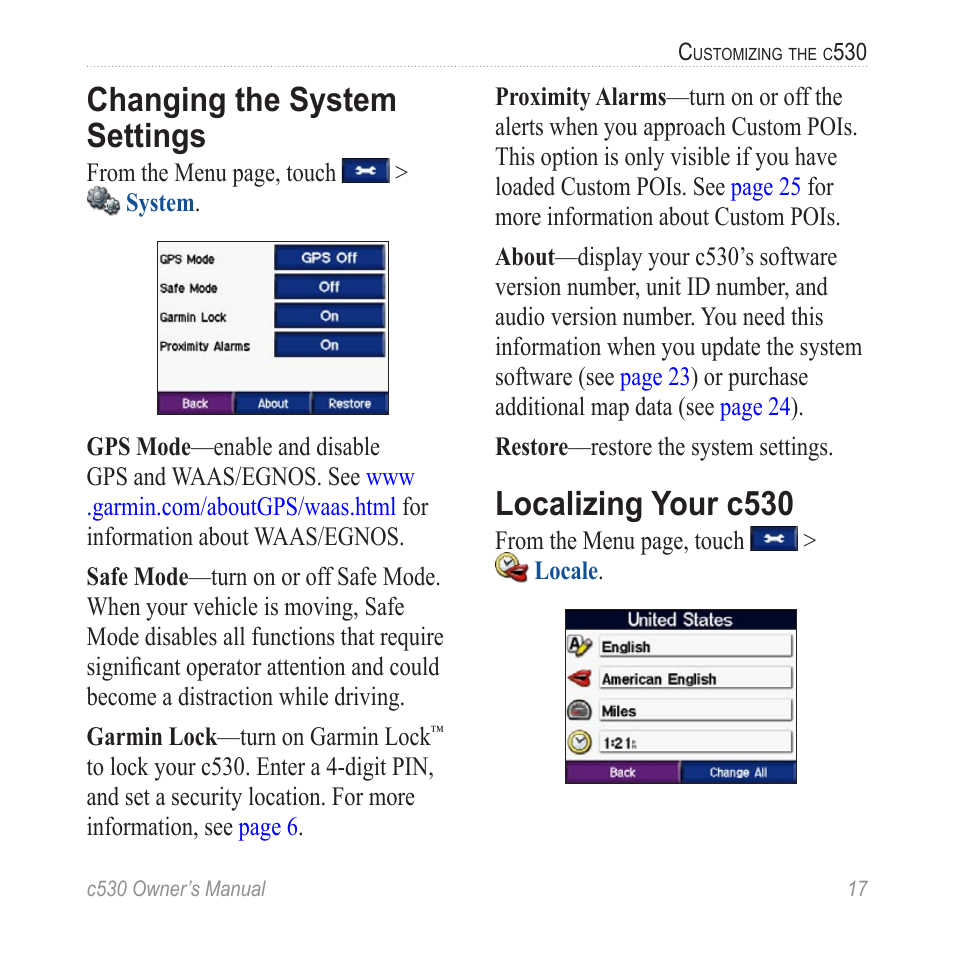 Changing the system settings, Localizing your c530 | Garmin StreetPilot c530 User Manual | Page 25 / 40