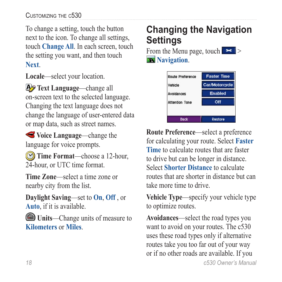 Changing the navigation settings | Garmin StreetPilot c530 User Manual | Page 26 / 40