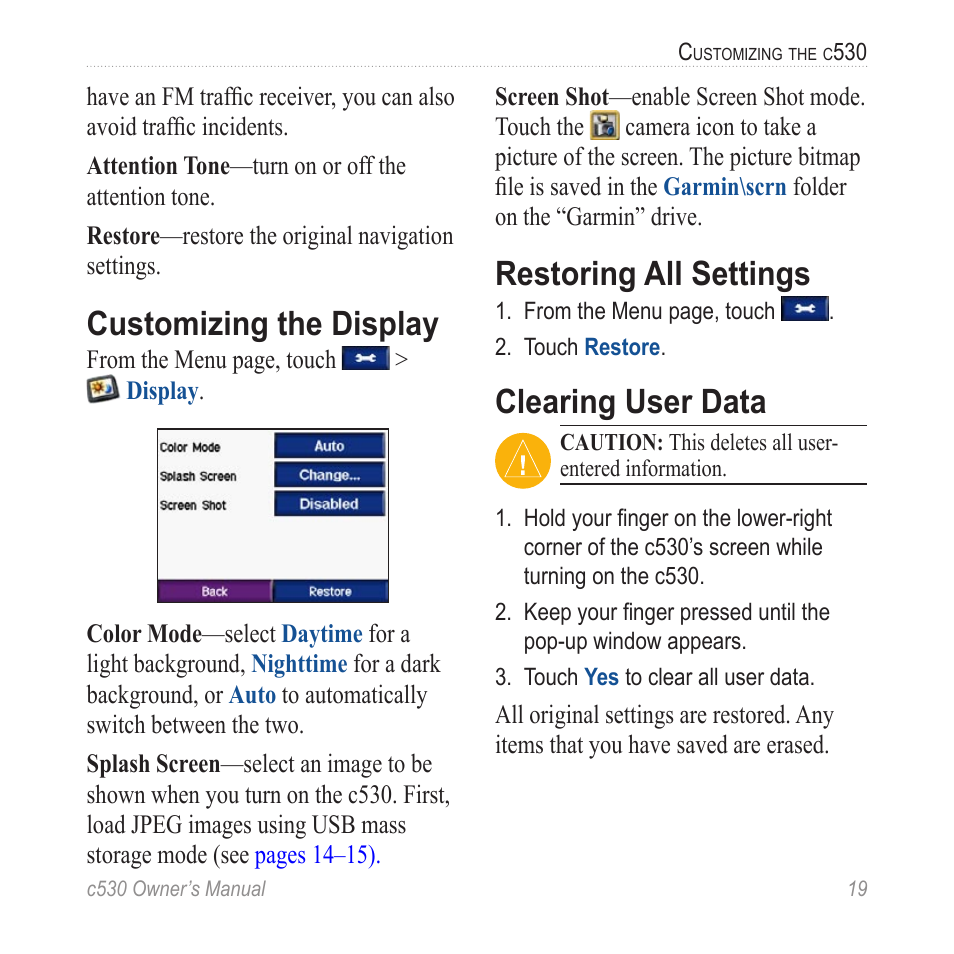 Customizing the display, Restoring all settings, Clearing user data | Garmin StreetPilot c530 User Manual | Page 27 / 40