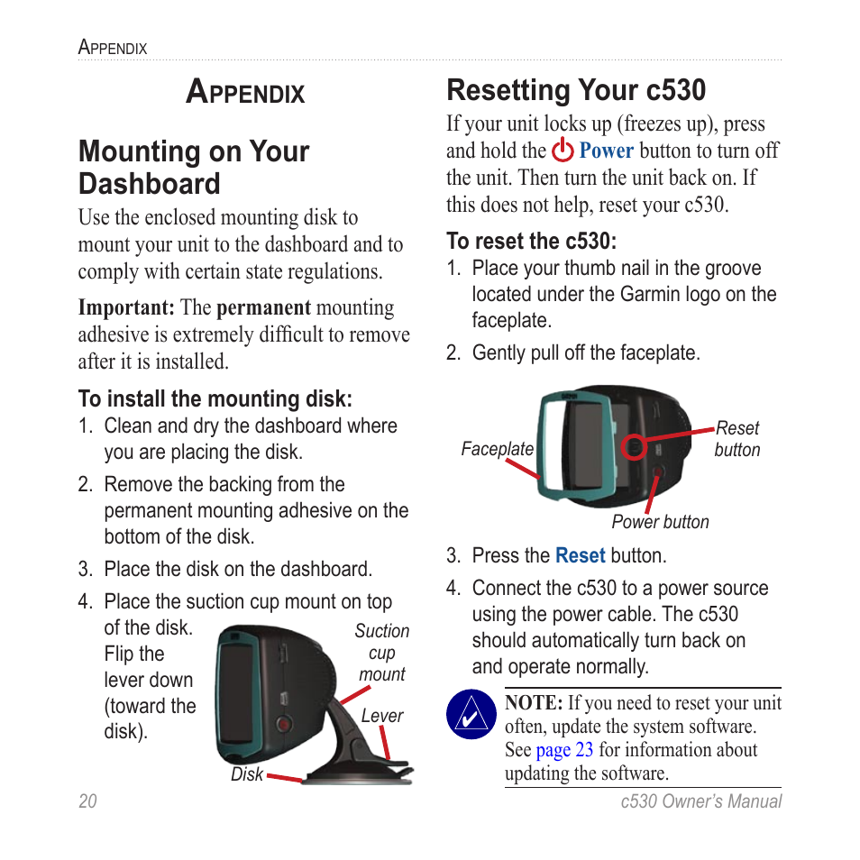 Appendix, Mounting on your dashboard, Resetting your c530 | Garmin StreetPilot c530 User Manual | Page 28 / 40