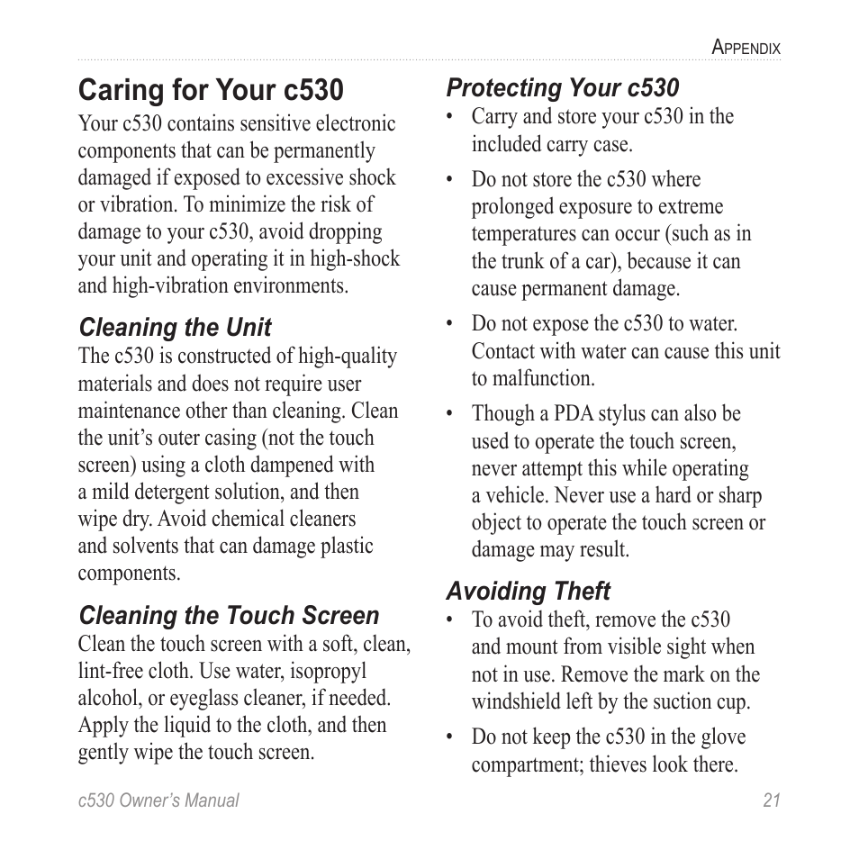 Caring for your c530 | Garmin StreetPilot c530 User Manual | Page 29 / 40