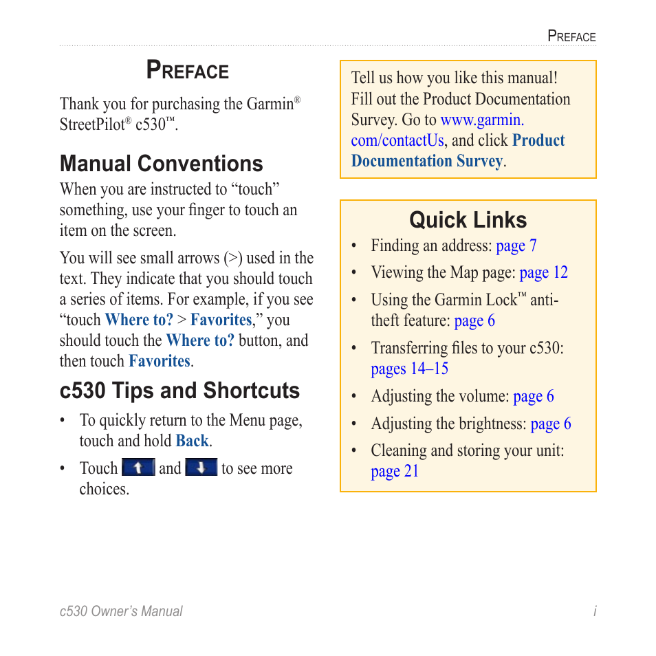 Preface, Manual conventions, Quick links | C530 tips and shortcuts | Garmin StreetPilot c530 User Manual | Page 3 / 40