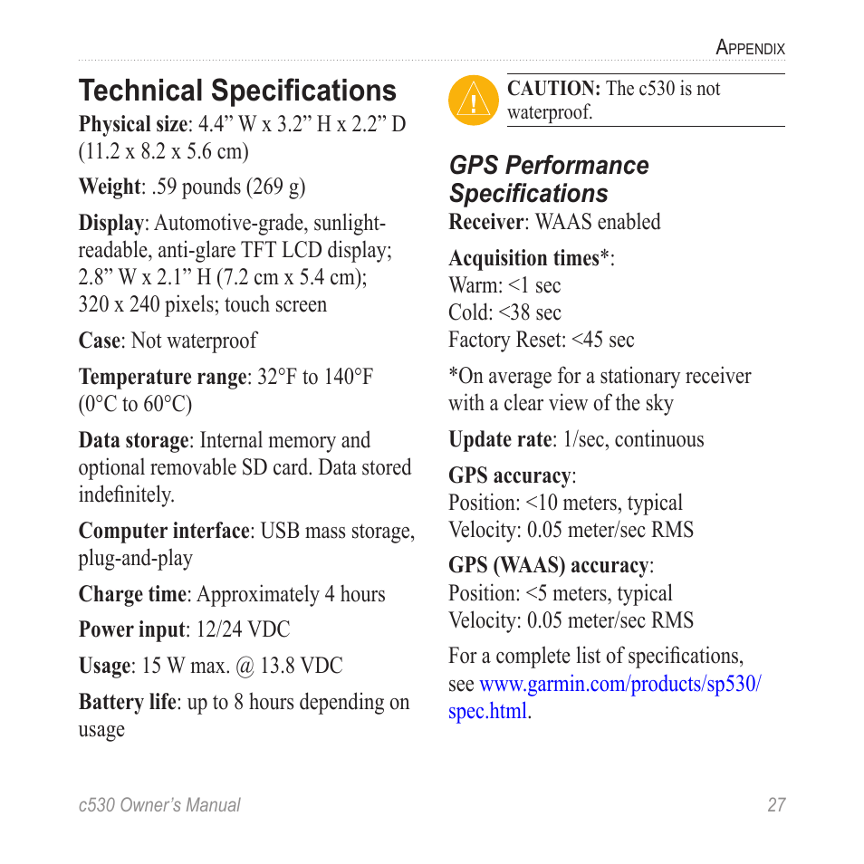 Technical specifications, Technical speciﬁcations | Garmin StreetPilot c530 User Manual | Page 35 / 40