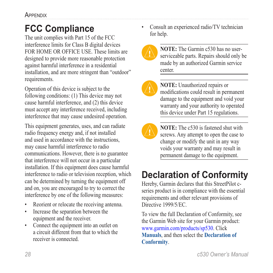 Fcc compliance, Declaration of conformity | Garmin StreetPilot c530 User Manual | Page 36 / 40