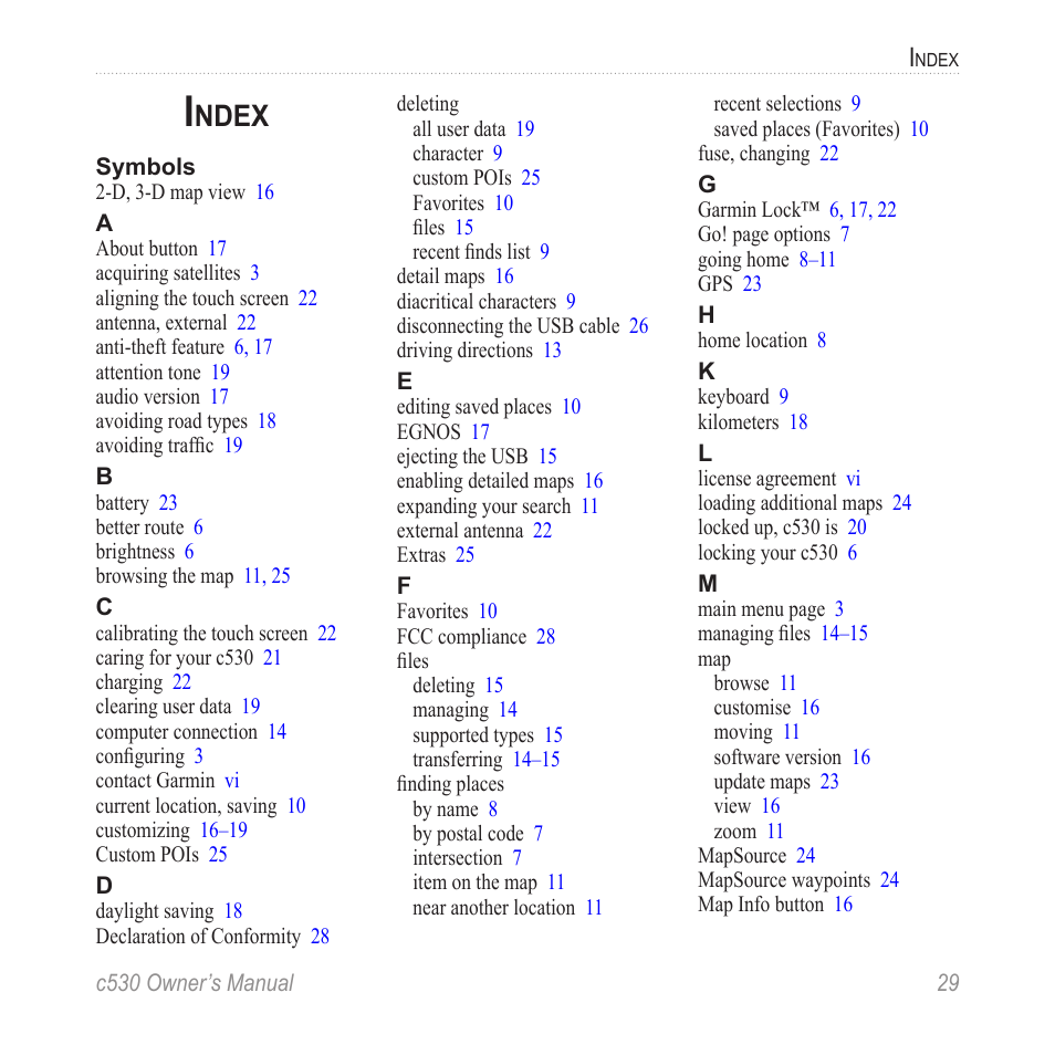 Index, Ndex | Garmin StreetPilot c530 User Manual | Page 37 / 40