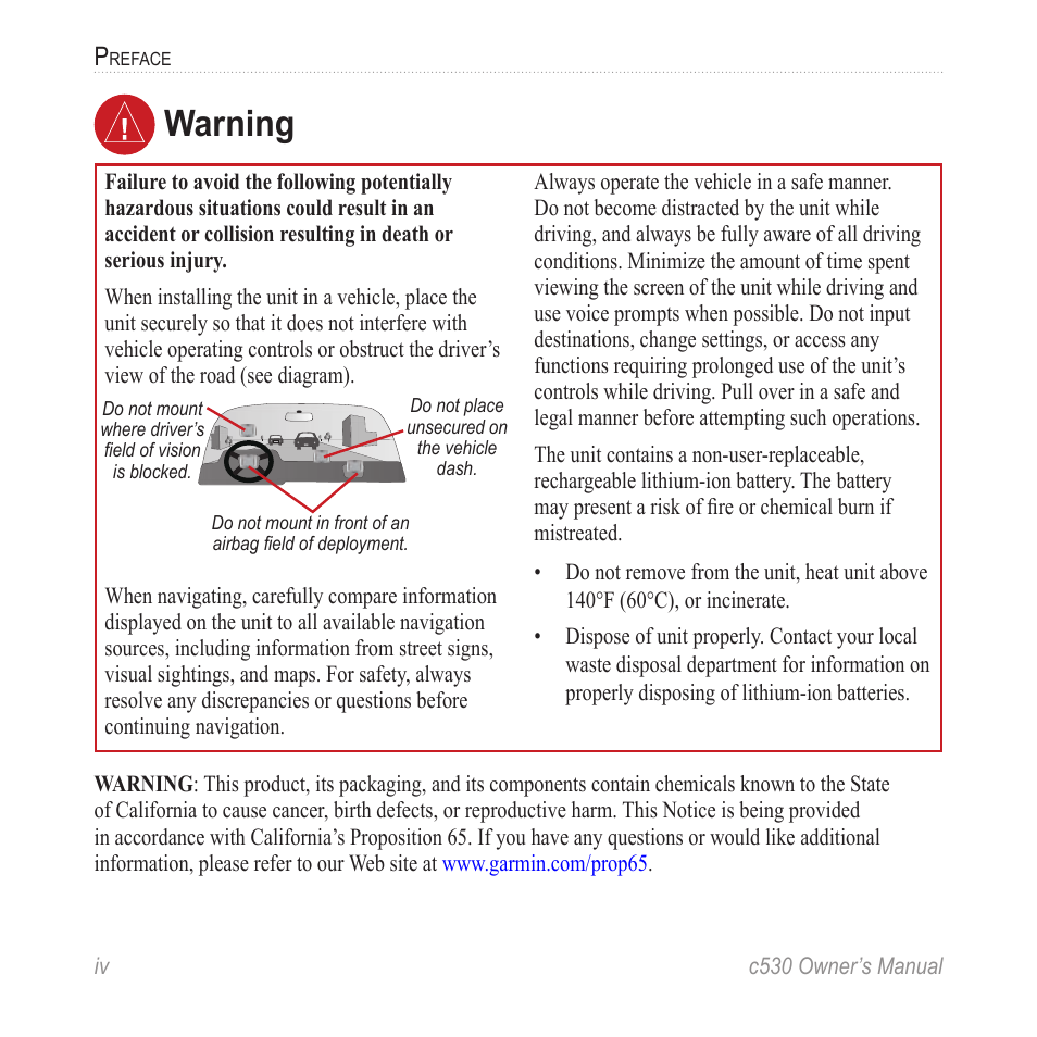 Warning | Garmin StreetPilot c530 User Manual | Page 6 / 40