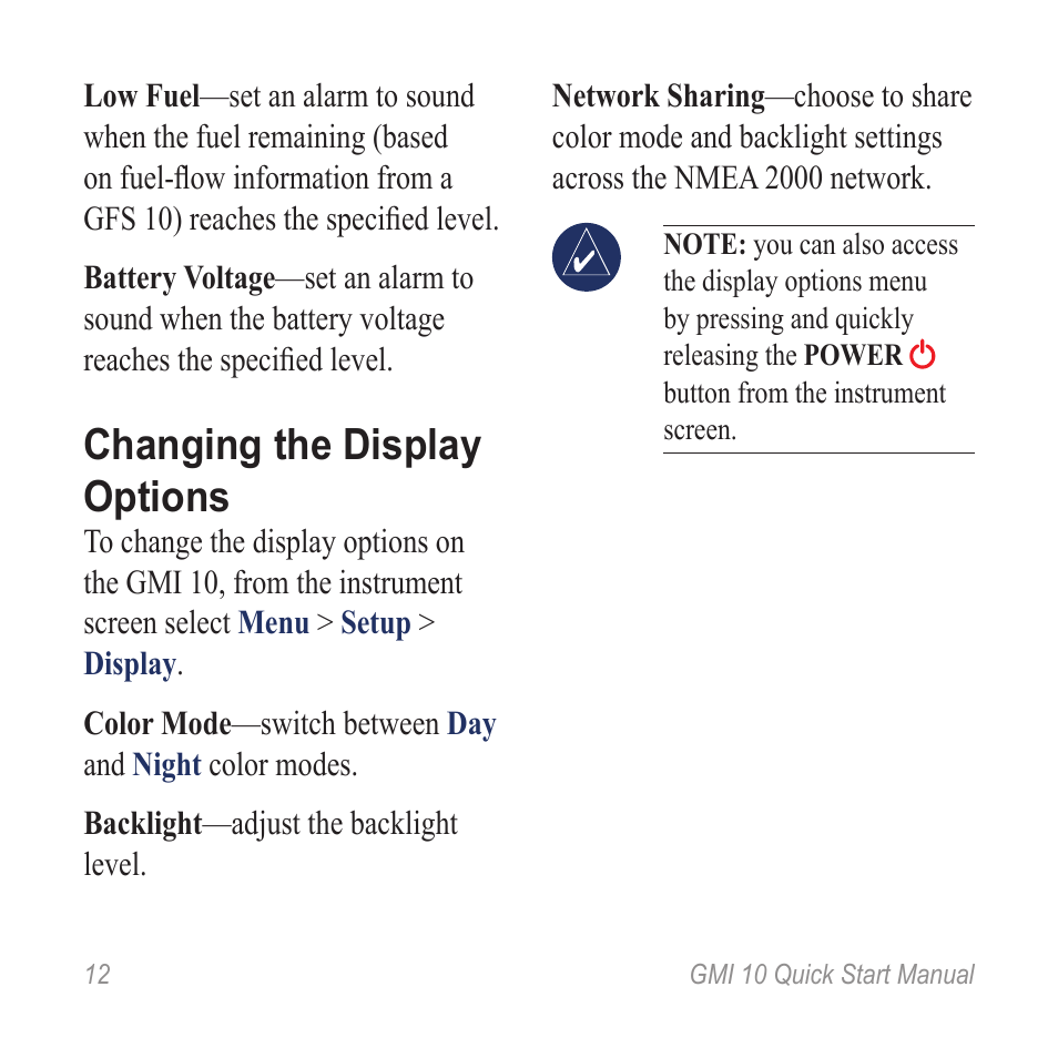 Changing the display options, Sharing | Garmin GMI 20 User Manual | Page 12 / 20