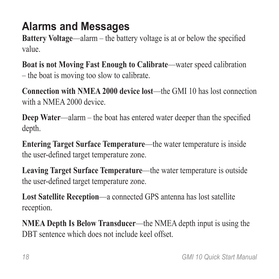 Alarms and messages | Garmin GMI 20 User Manual | Page 18 / 20