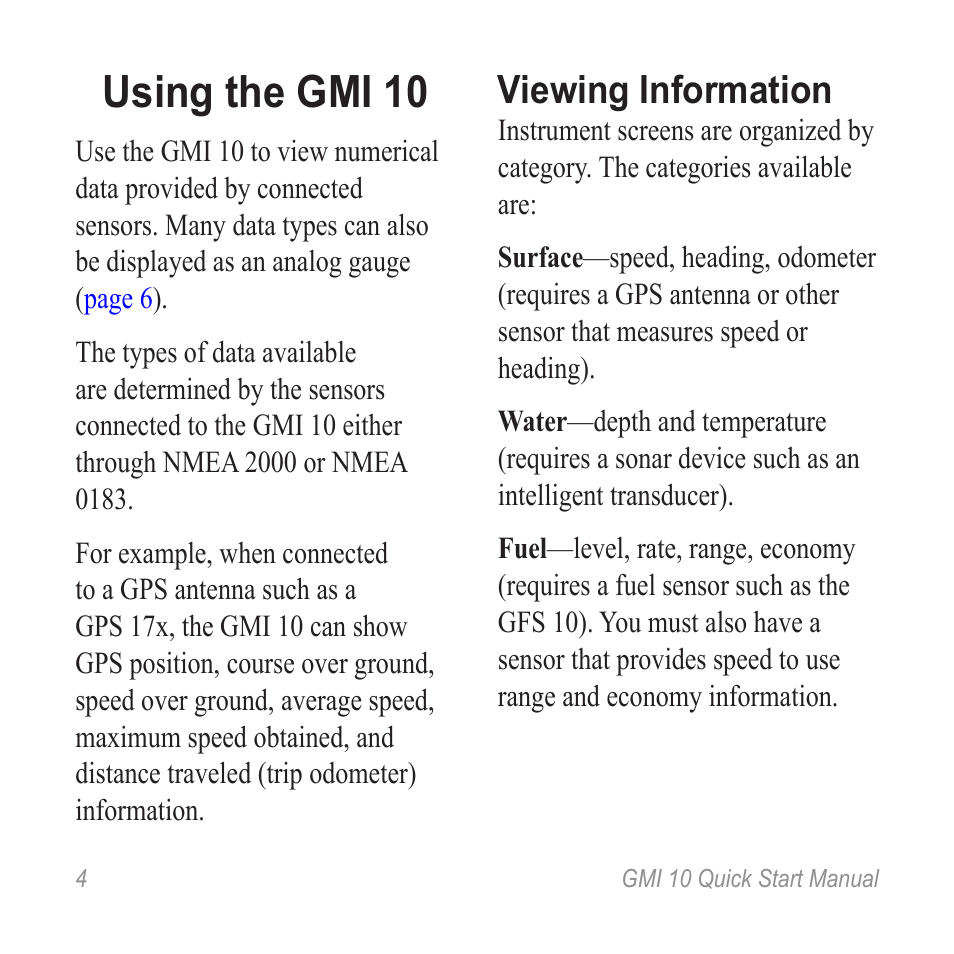 Using the gmi 10, Viewing information | Garmin GMI 20 User Manual | Page 4 / 20