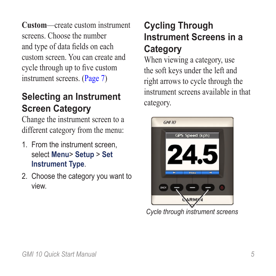 Selecting an instrument screen category, Cycling through instrument screens in a category | Garmin GMI 20 User Manual | Page 5 / 20