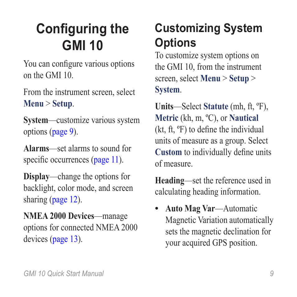 Configuring the gmi 10, Customizing system options | Garmin GMI 20 User Manual | Page 9 / 20