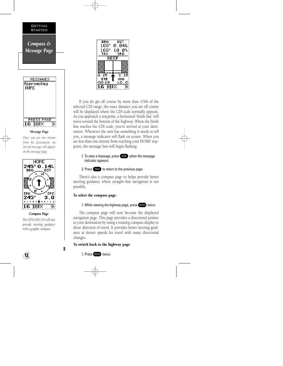 Compass & message page | Garmin GPSCOM 170 User Manual | Page 17 / 88