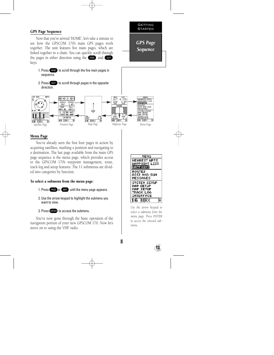 Gps page sequence | Garmin GPSCOM 170 User Manual | Page 18 / 88