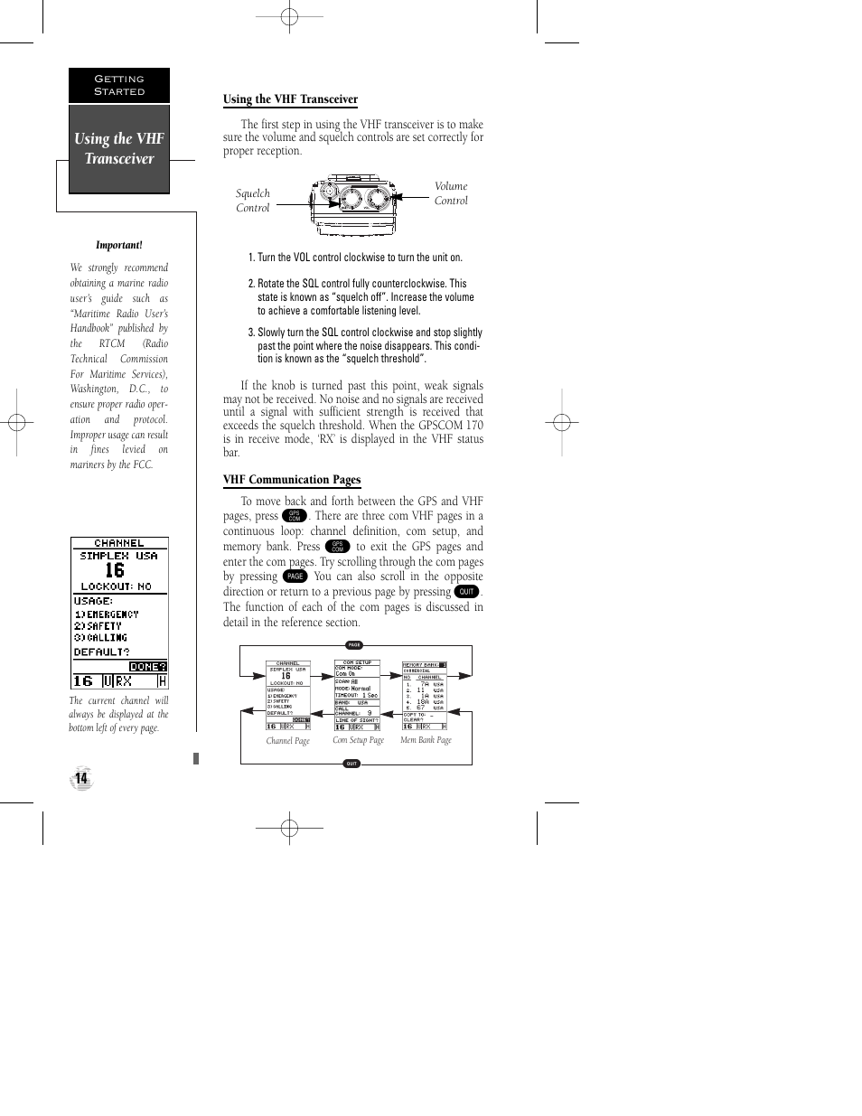 Using the vhf transceiver | Garmin GPSCOM 170 User Manual | Page 19 / 88