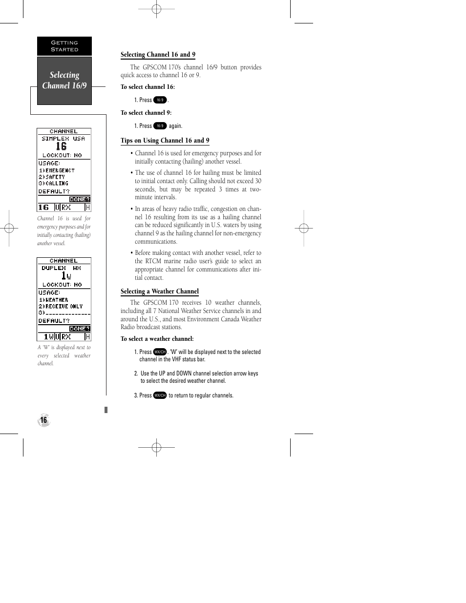 Selecting channel 16/9 | Garmin GPSCOM 170 User Manual | Page 21 / 88