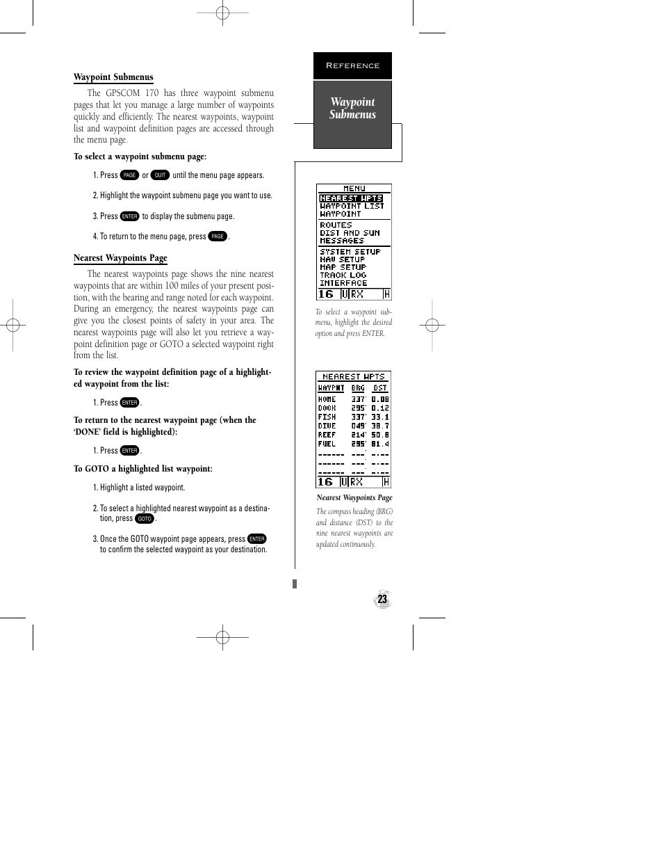 Waypoint submenus | Garmin GPSCOM 170 User Manual | Page 28 / 88