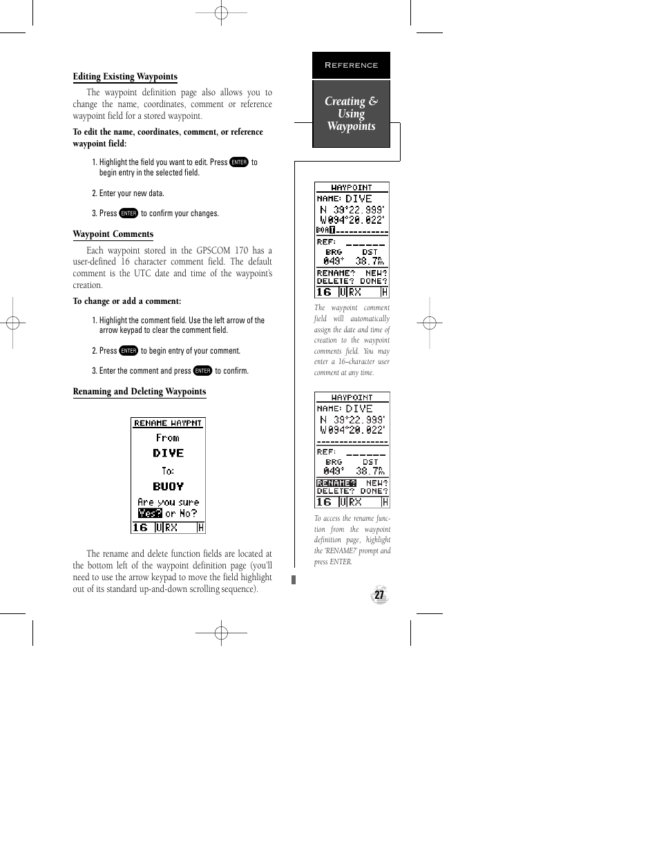 Creating & using waypoints | Garmin GPSCOM 170 User Manual | Page 32 / 88