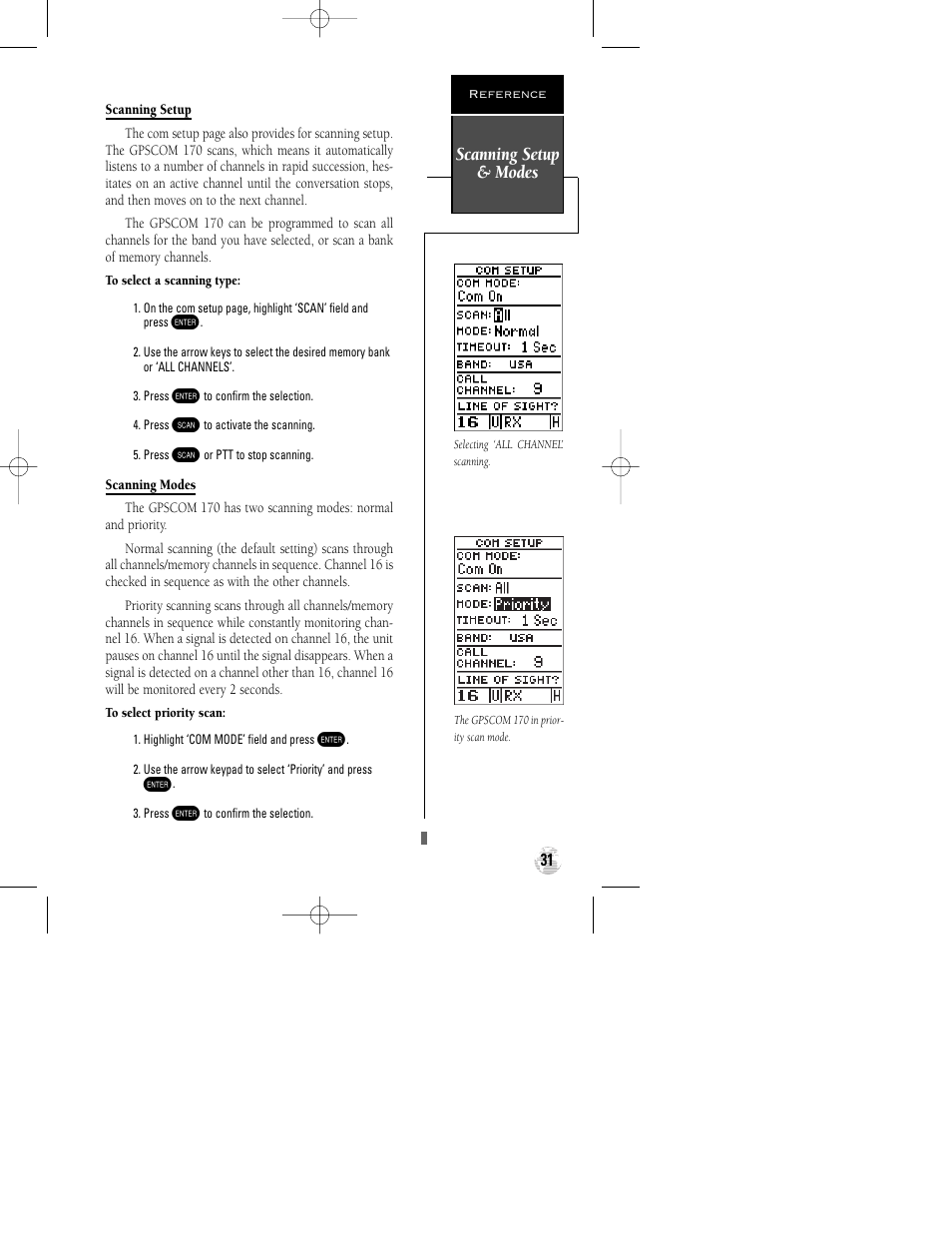 Scanning setup & modes | Garmin GPSCOM 170 User Manual | Page 36 / 88