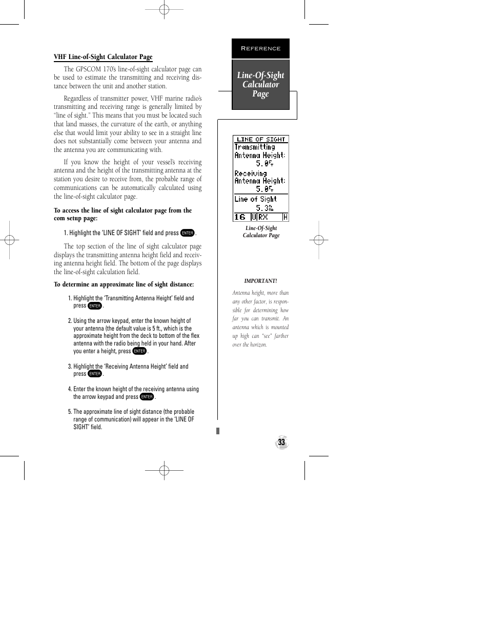 Line-of-sight calculator page | Garmin GPSCOM 170 User Manual | Page 38 / 88