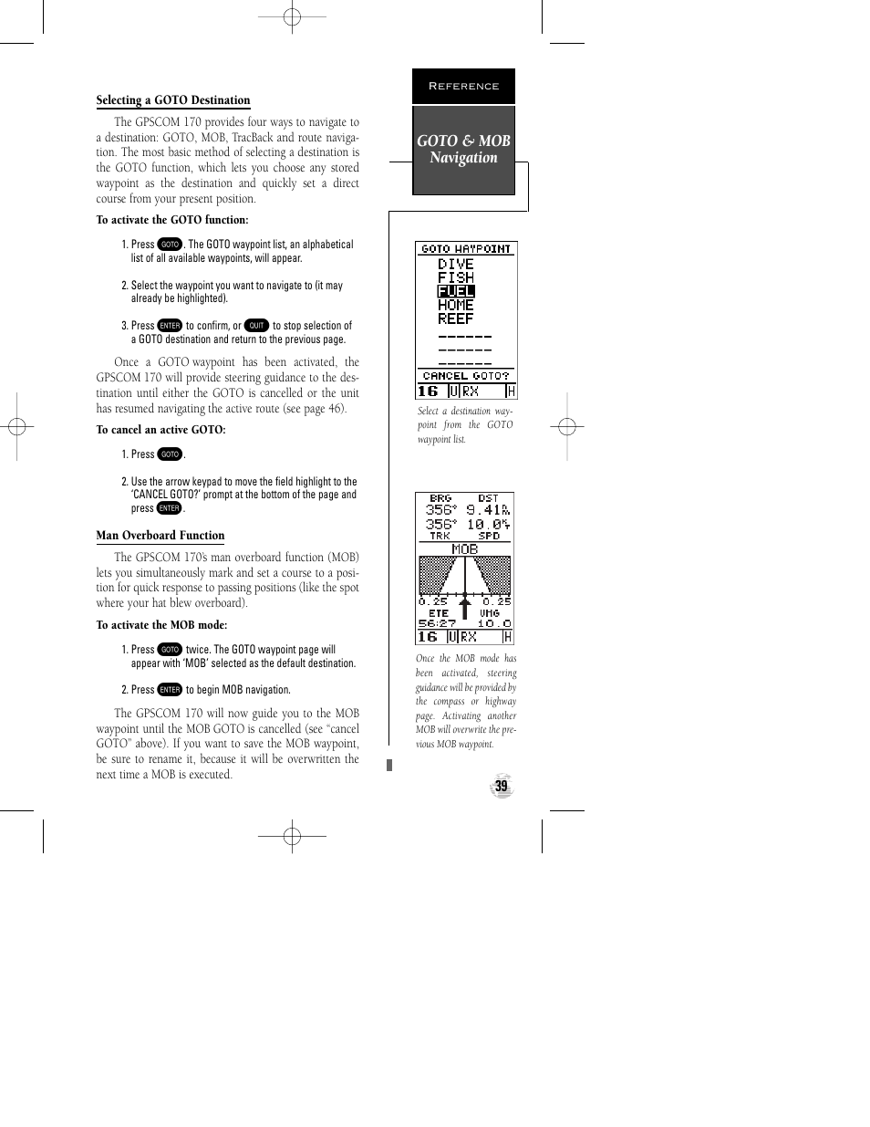 Goto & mob navigation | Garmin GPSCOM 170 User Manual | Page 44 / 88
