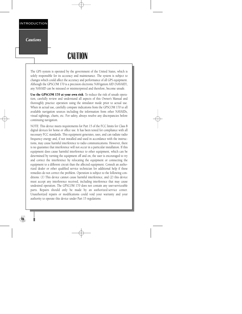 Caution | Garmin GPSCOM 170 User Manual | Page 5 / 88