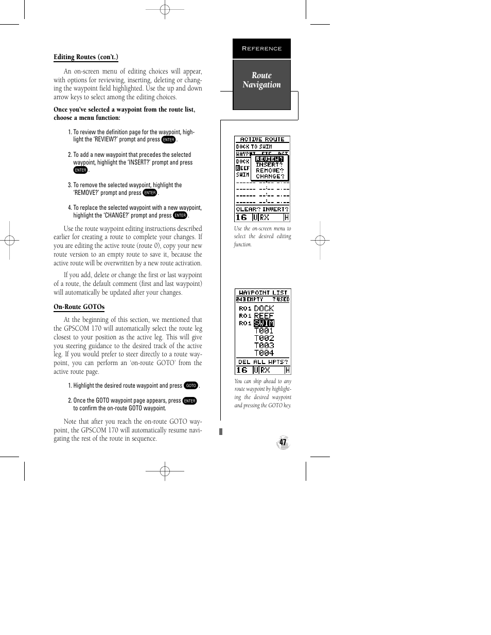 Route navigation | Garmin GPSCOM 170 User Manual | Page 52 / 88