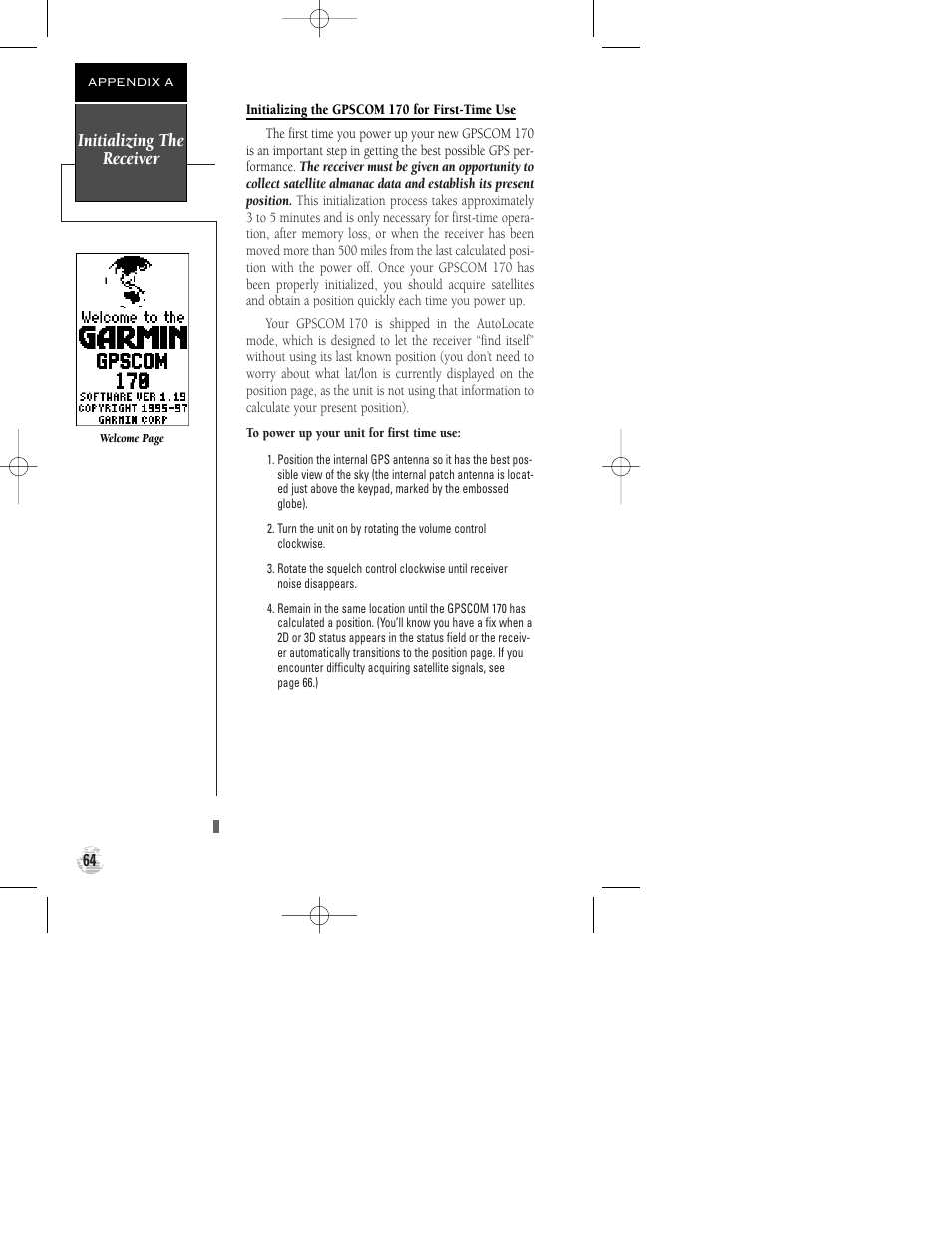 Initializing the receiver | Garmin GPSCOM 170 User Manual | Page 69 / 88