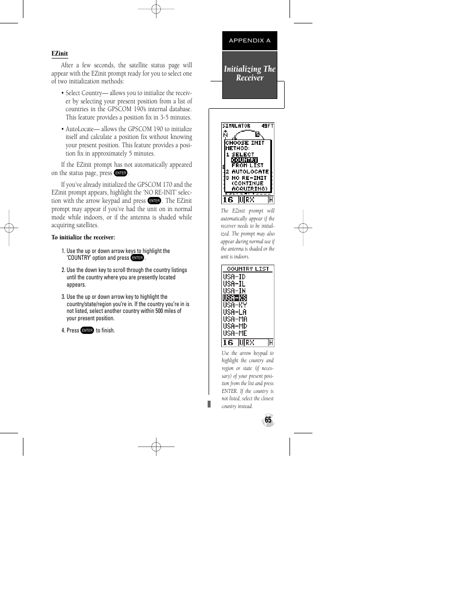 Initializing the receiver | Garmin GPSCOM 170 User Manual | Page 70 / 88