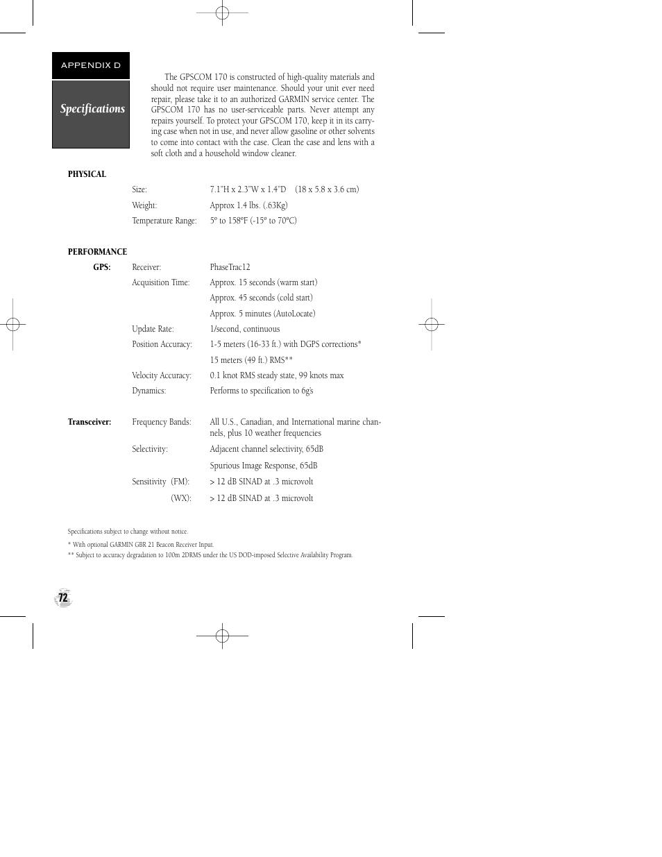 Specifications | Garmin GPSCOM 170 User Manual | Page 77 / 88