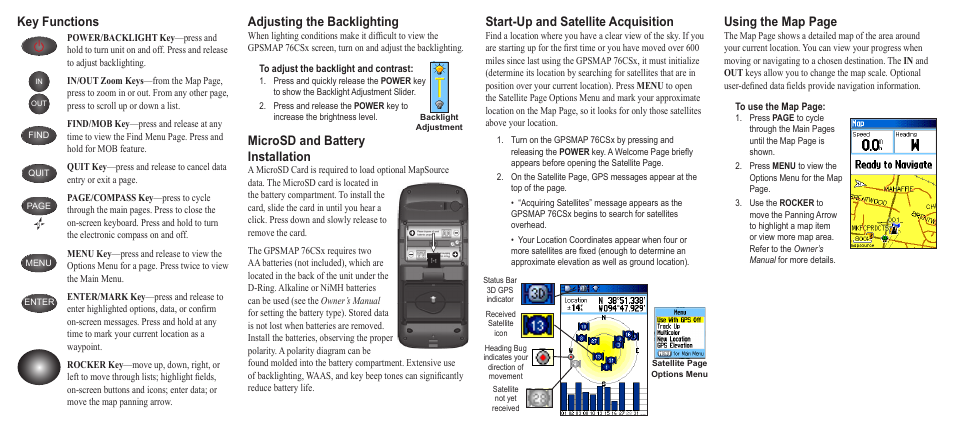 Start-up and satellite acquisition, Key functions using the map page, Adjusting the backlighting | Microsd and battery installation | Garmin GPSMAP 76CSx User Manual | Page 2 / 2