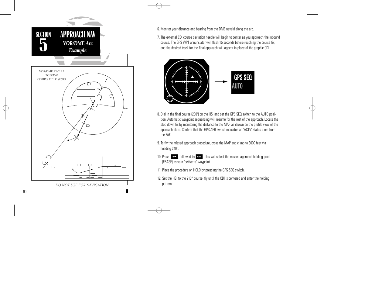 Approach nav, Gps seq, Auto actv | Vor/dme arc example | Garmin GPS 155XL TSO User Manual | Page 100 / 146