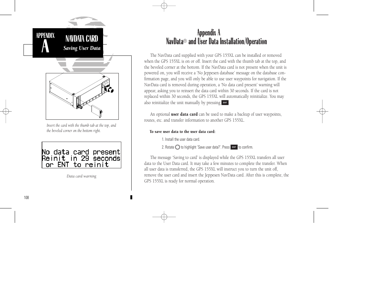 Navdata card, Appendix a navdata, And user data installation/operation | Garmin GPS 155XL TSO User Manual | Page 118 / 146