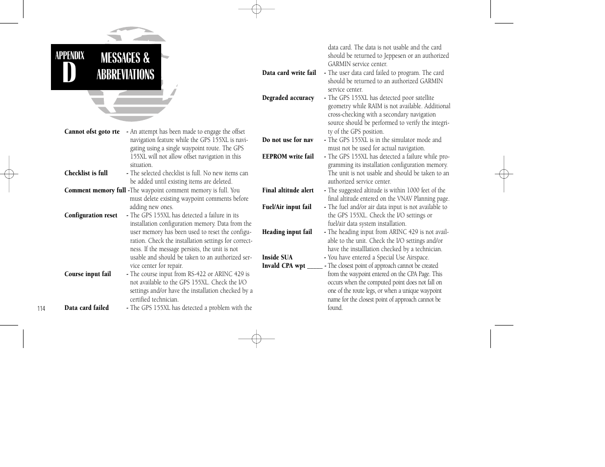 Messages & abbreviations, Appendix | Garmin GPS 155XL TSO User Manual | Page 124 / 146