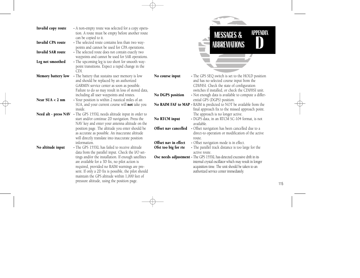 Messages & abbreviations, Appendix | Garmin GPS 155XL TSO User Manual | Page 125 / 146